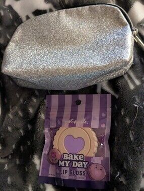 Lancome Glitter Silver Makeup Pouch And'Bake My Day' Lip Gloss